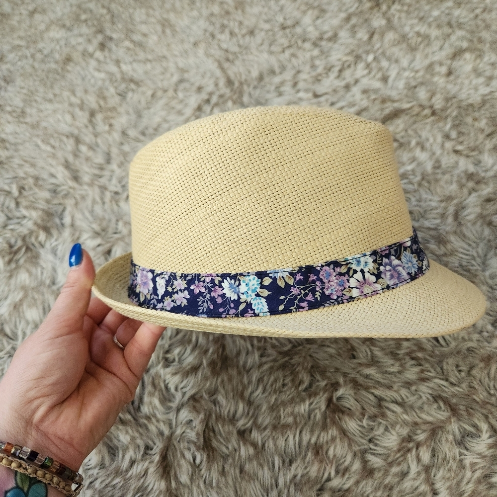 Paper‎ Straw Fedora Sunhat Blue And Purple Floral Trim